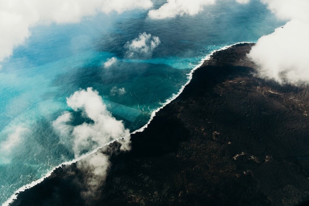 Helicopter aerial of new lava fields in Puna