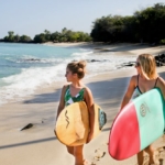 Pair of surfers get ready to go out along the Kona coast